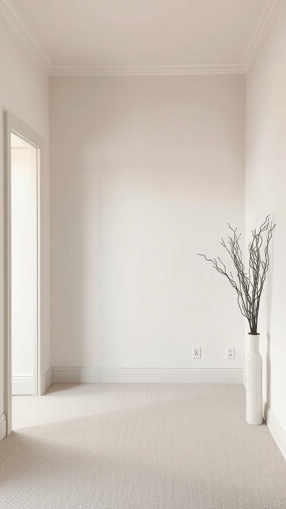 A small room with beige walls, light carpet, and a tall white vase with dry branches.