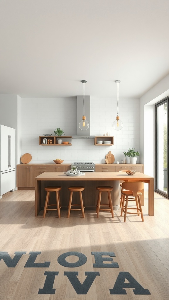 A modern kitchen with an open layout, featuring a large wooden island, stools, and bright natural light.