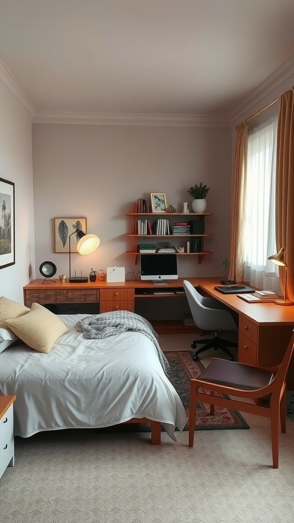 A small bedroom with a bed and a workspace featuring a desk and computer.
