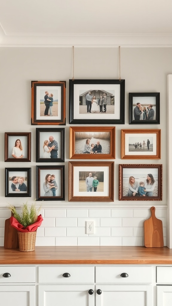 A family photo gallery wall with various framed pictures in a farmhouse style kitchen.