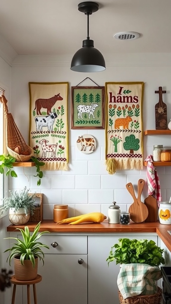 A cozy farmhouse kitchen with farm-themed wall hangings featuring animals and greenery