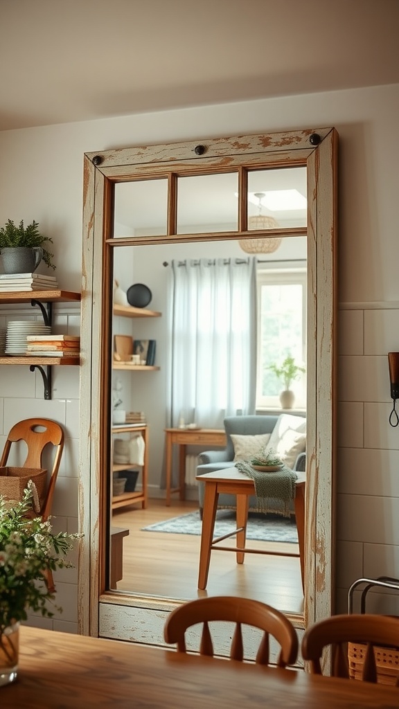 A farmhouse-style mirror with a weathered wooden frame reflecting a cozy kitchen.