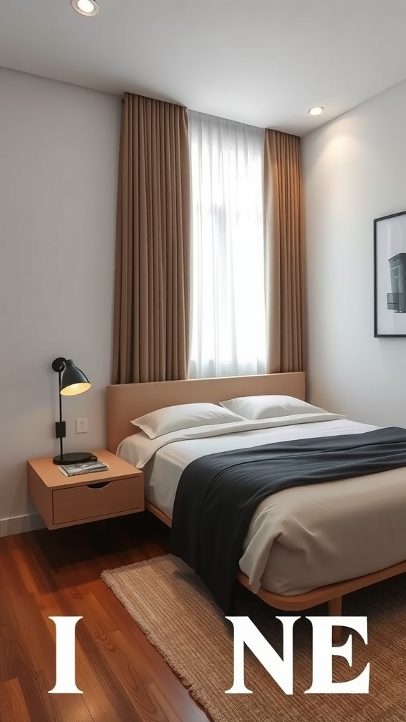 A modern bedroom featuring floating nightstands, a cozy bed, and warm curtains.