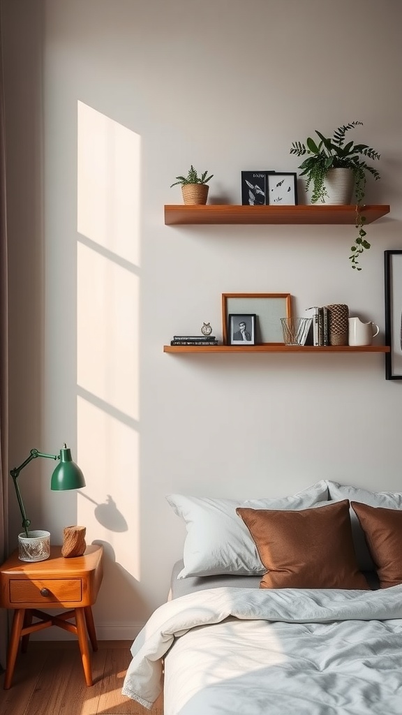 A cozy bedroom featuring floating shelves with plants and framed photos.