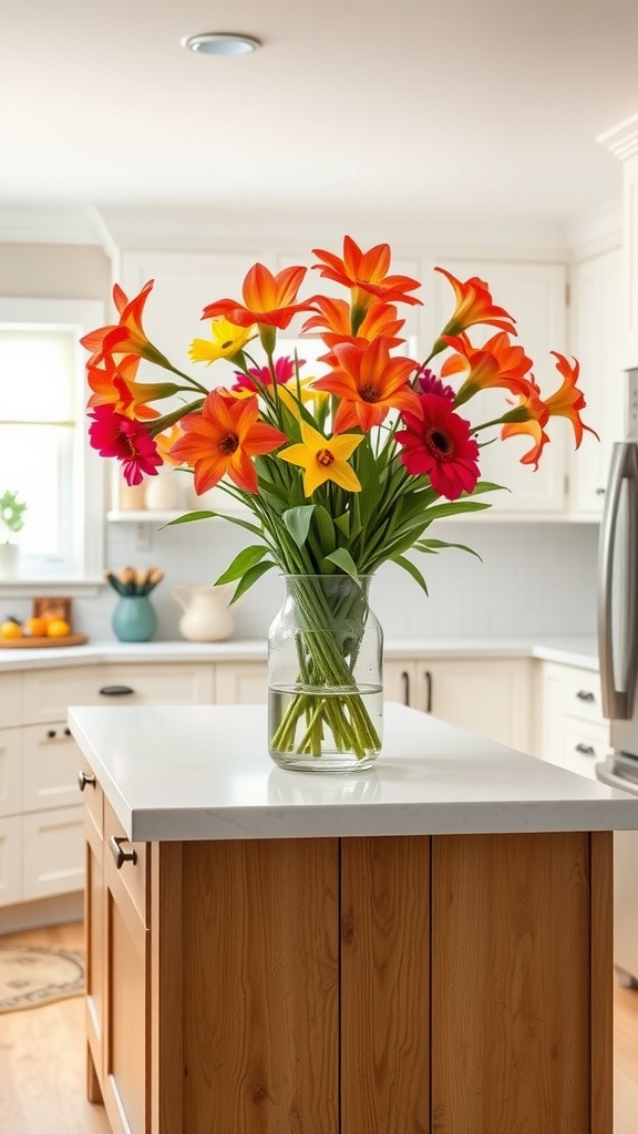 A vibrant flower vase with lilies and gerbera daisies on a kitchen island countertop