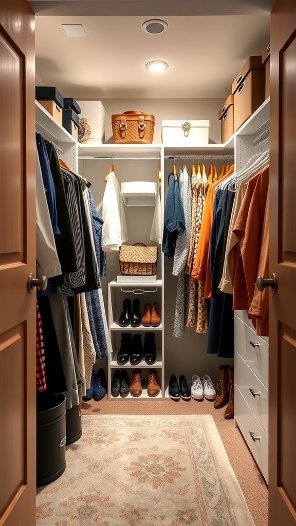Organized closet space with shelves, hanging clothes, and shoes