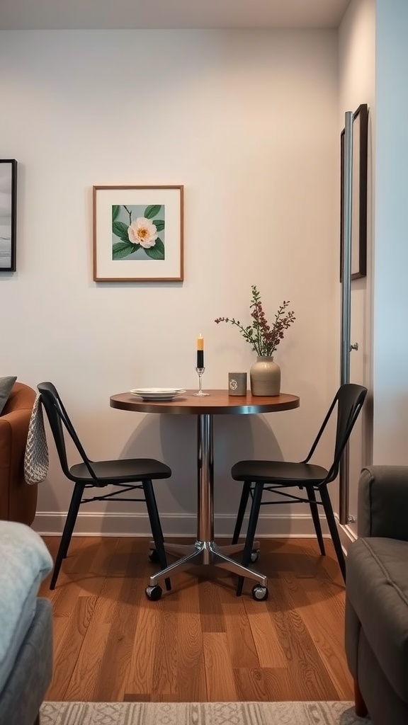 Cozy dining area in a modern studio apartment, featuring a round wooden table, two black chairs, and decorative elements.