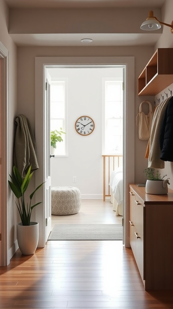A cozy entryway in a modern studio apartment with a clock, plant, and organized storage.