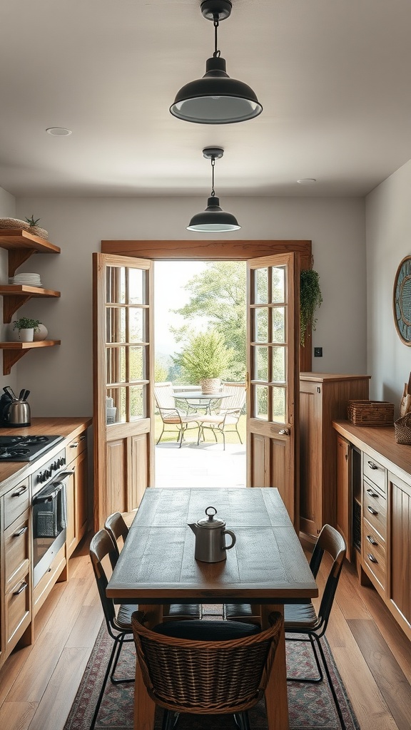 A simple kitchen design for a village with large French doors leading to an outdoor area.