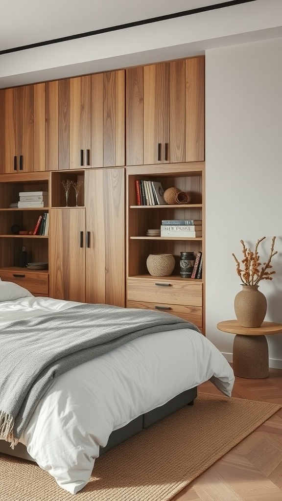 A cozy bedroom featuring wooden storage solutions and an earthy aesthetic