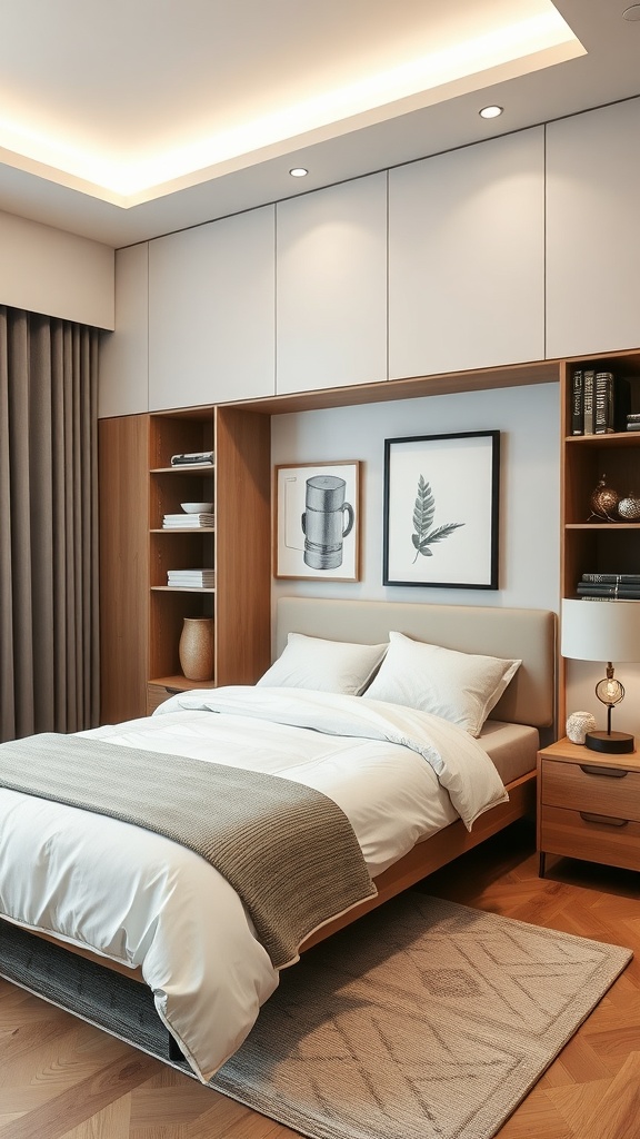A modern Japandi bedroom showcasing functional storage solutions with a minimalist design