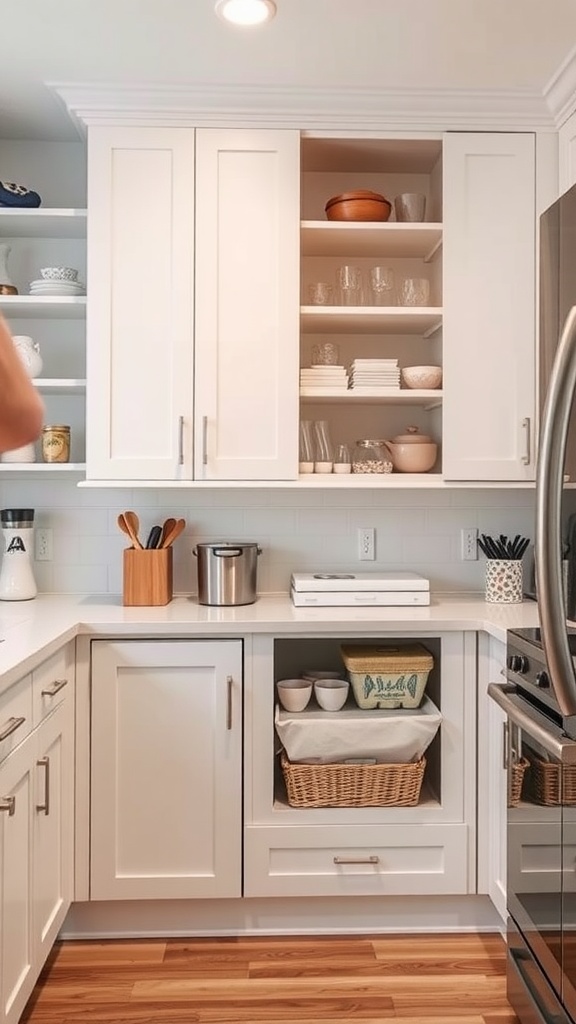 A modern kitchen featuring white cabinetry, open shelves, and organized storage solutions.