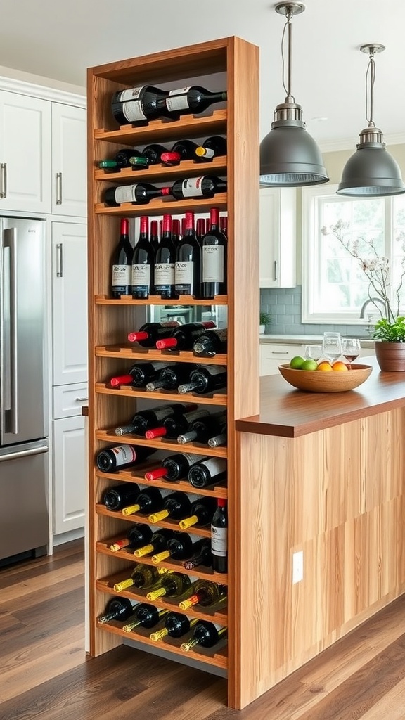 A tall wooden wine rack filled with various wine bottles, integrated into a modern kitchen island.