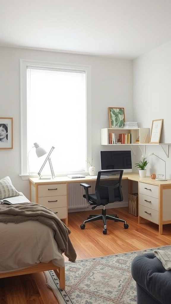 A cozy bedroom with a functional work nook, featuring a desk and chair by a window.