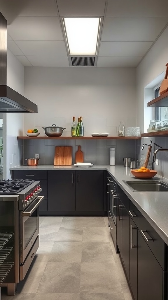 A modern kitchen with dark cabinets, open shelves, and a large cooking range.