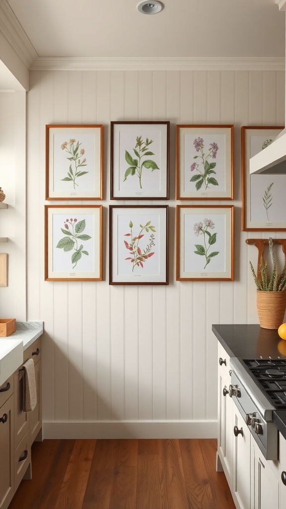 A gallery of framed botanical prints on a farmhouse kitchen wall, showcasing various plants in different frame styles.