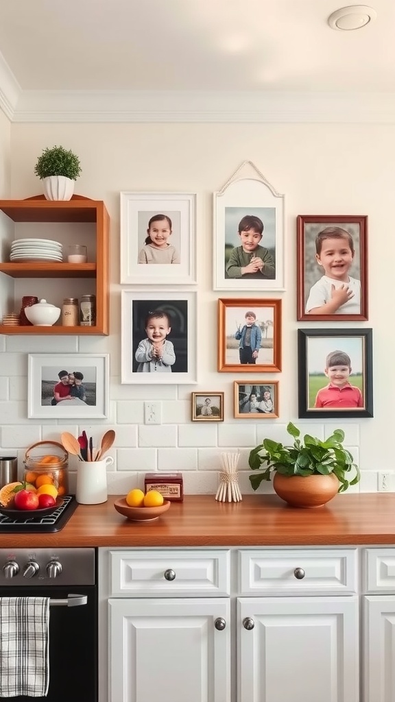 Gallery wall of family photos in a kitchen, featuring framed pictures of children and family moments, with a wooden countertop and kitchenware.