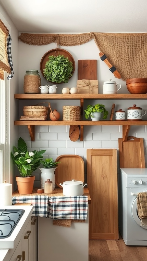 Cozy farmhouse kitchen featuring gingham and burlap accents