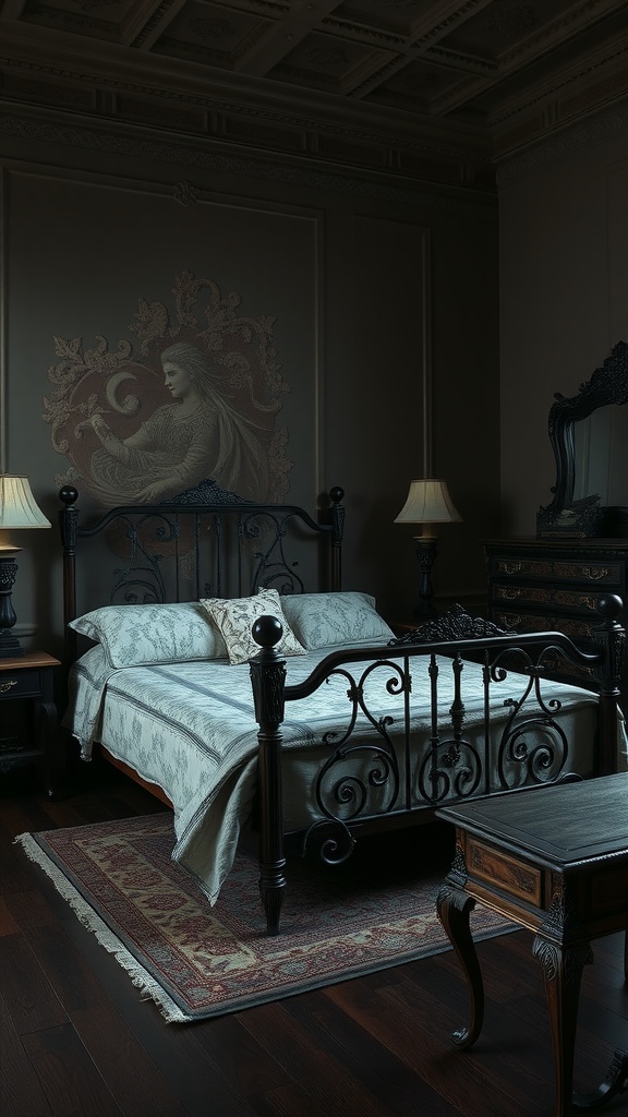 A gothic-inspired bedroom featuring an ornate bed frame, vintage furniture, and dark color tones.
