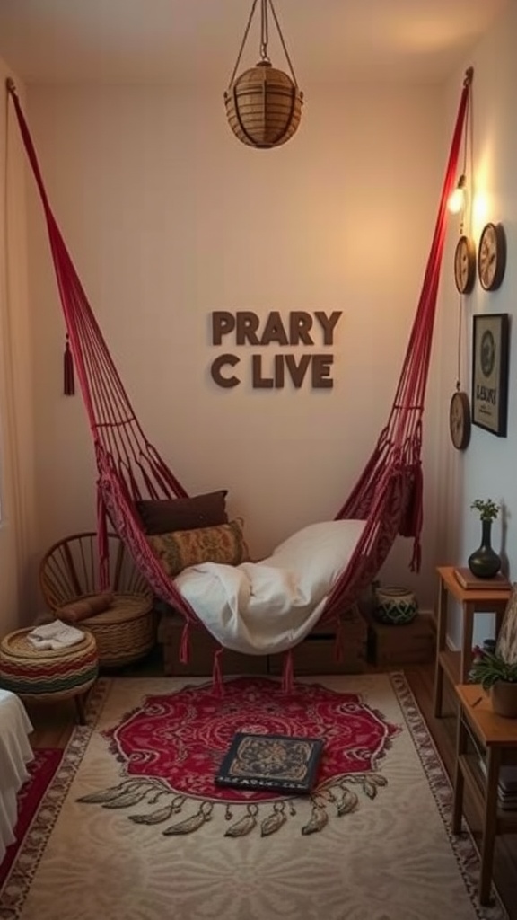 A colorful hammock in a cozy bedroom corner, surrounded by warm lighting and boho decor.