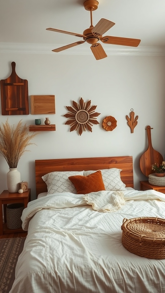 A cozy Japandi-style bedroom featuring handcrafted decor elements.