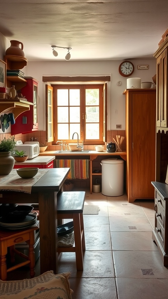 A simple kitchen with handcrafted wooden furniture, featuring a wooden table, chairs, and natural light coming through the window.