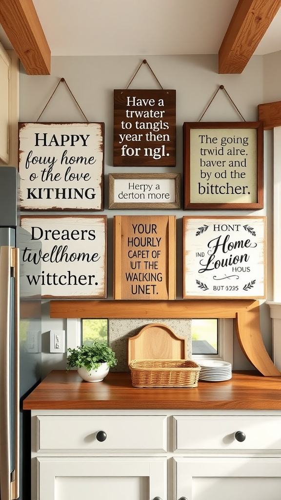 A collection of handcrafted wooden signs with various sayings displayed on a kitchen wall.
