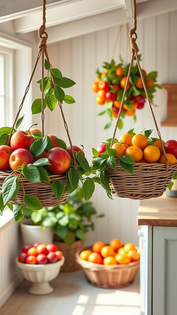 Two hanging baskets filled with apples and oranges in a bright kitchen