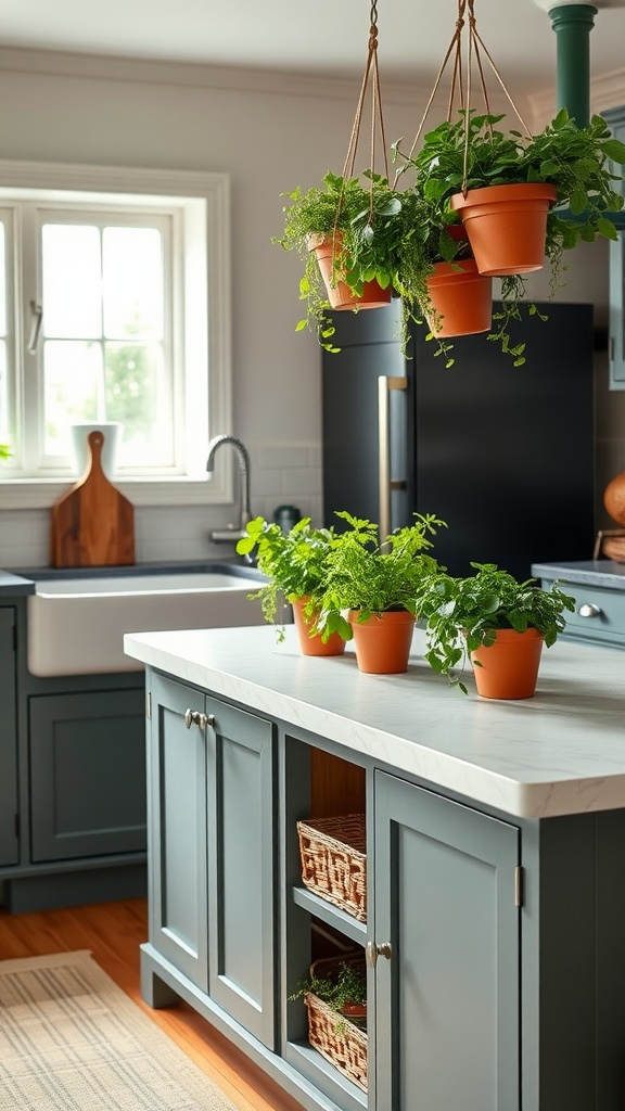 A kitchen island featuring a hanging herb garden with potted plants and fresh herbs.