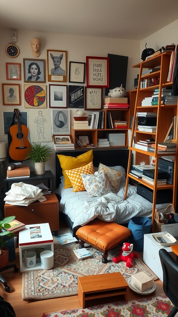 A cluttered eclectic bedroom with wall art, a bed with colorful cushions, bookshelves, and various decorative items.