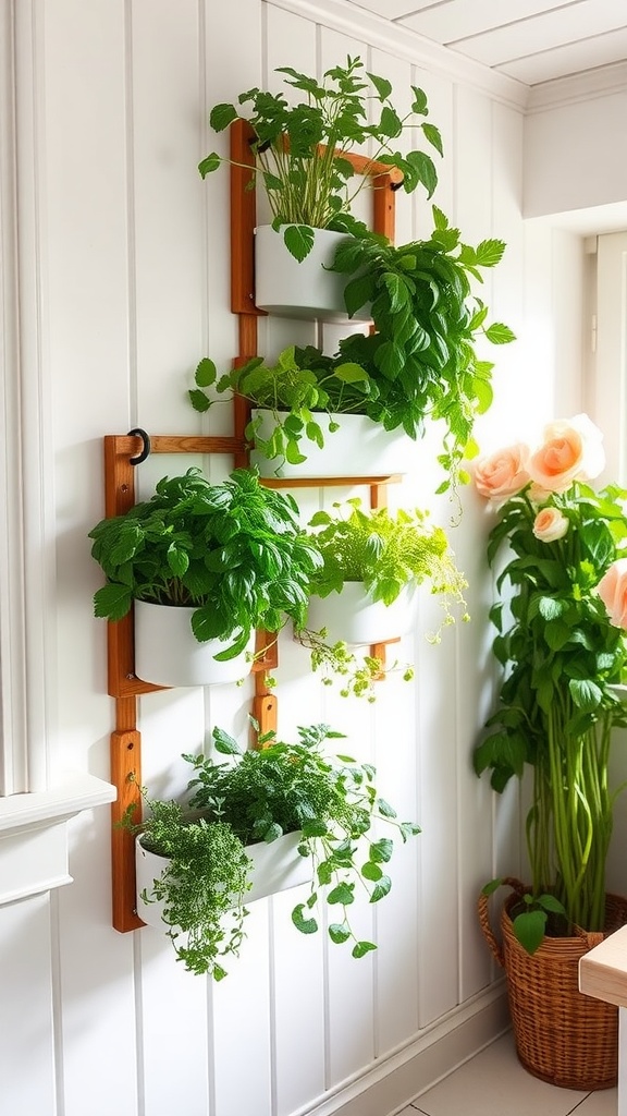 A wall planter displaying various herbs in white pots against a white wall, with a wooden frame.