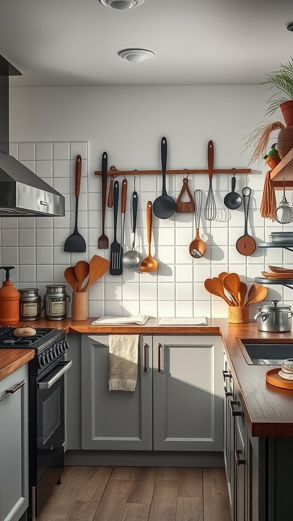 A stylish kitchen with wooden utensils displayed on a wall rack, showcasing culinary tools as decorative elements.