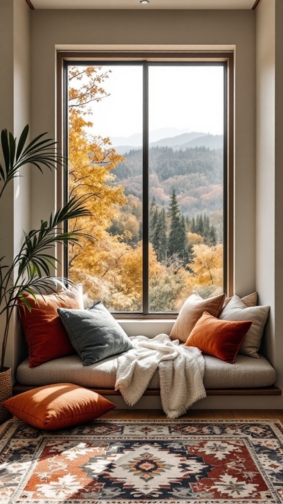 Cozy window seat with pillows and a view of colorful autumn trees outside