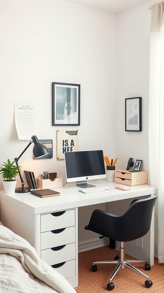 A clean and organized desk setup in a cozy bedroom, featuring a computer, desk organizer, and a small plant.