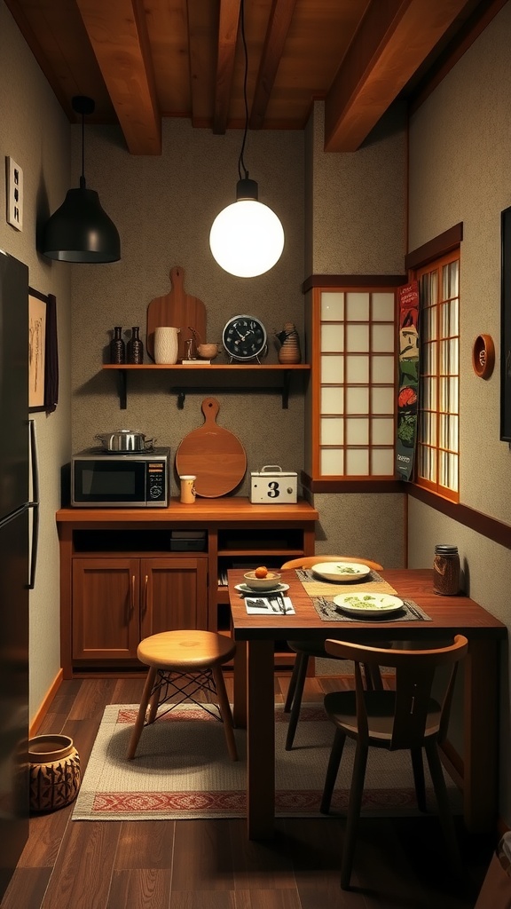 Cozy dining nook in a simple Japanese kitchen showcasing a small round table and wooden chairs.
