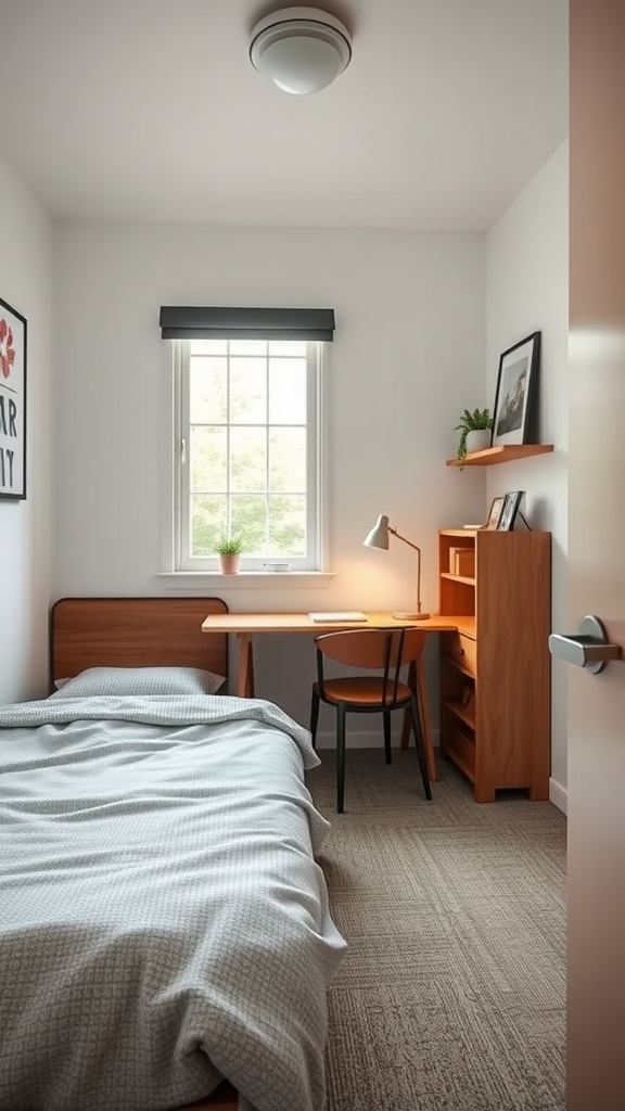 A small bedroom featuring a foldable desk, bed, and natural light from a window.