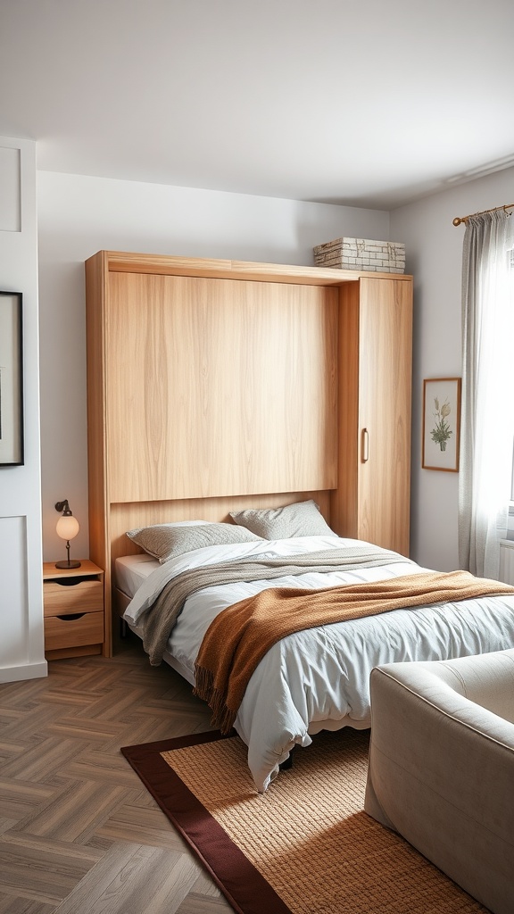 Cozy modern studio apartment featuring a Murphy bed with a warm wooden finish.