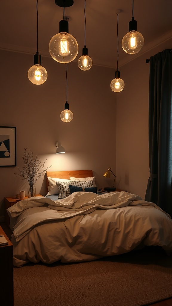 A cozy bedroom featuring artistic hanging light bulbs and soft bedding.