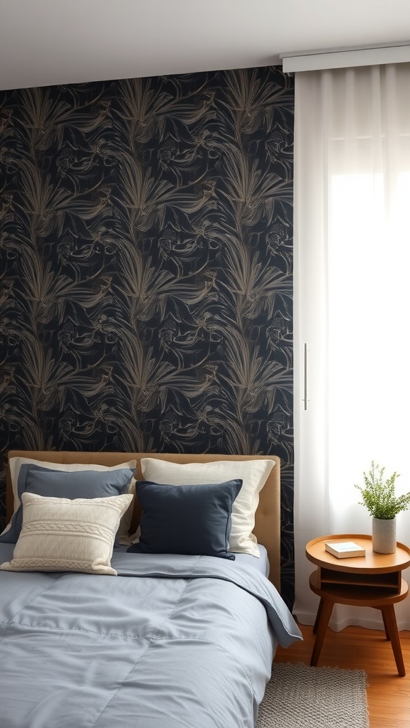 Cozy bedroom with a dark patterned accent wall, light bedding, and a small side table.