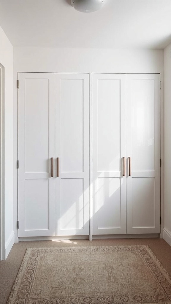 A modern built-in wardrobe with white doors and brass handles in a small room.