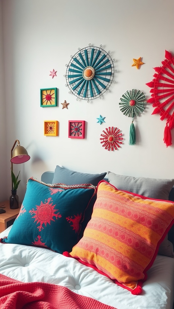 A cozy bedroom with colorful pillows, a knitted blanket, and vibrant wall decor