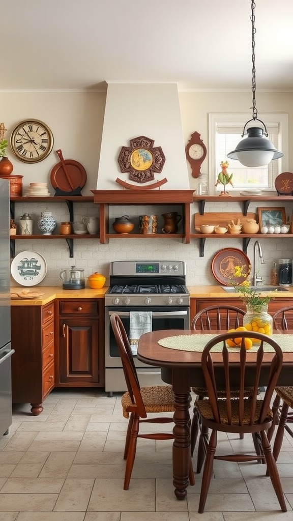 A cozy Indian style kitchen featuring wooden cabinets, ceramic pots, and a round dining table.