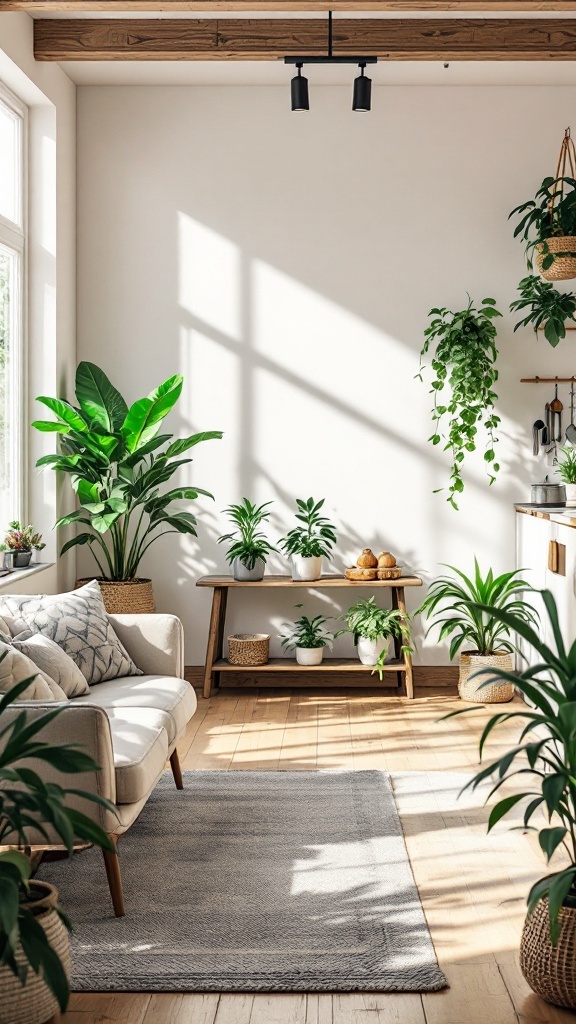 Cozy open space living room and kitchen with various indoor plants, comfortable sofa, and wooden furniture.
