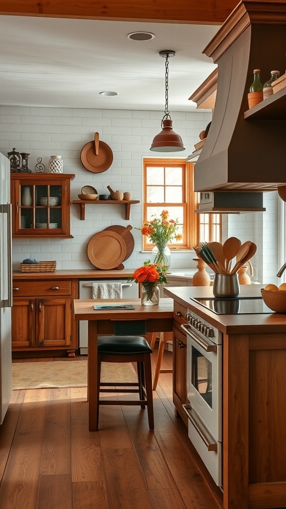 A simple Indian-style kitchen with wooden cabinets, handcrafted decor, and a cozy atmosphere.