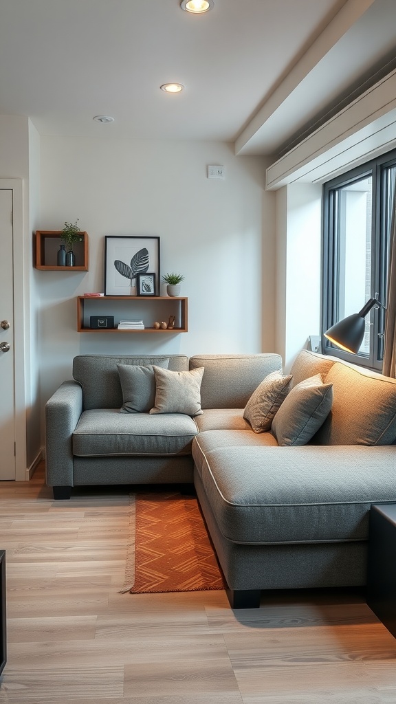 Cozy living area with a sectional sofa and decorative shelves.