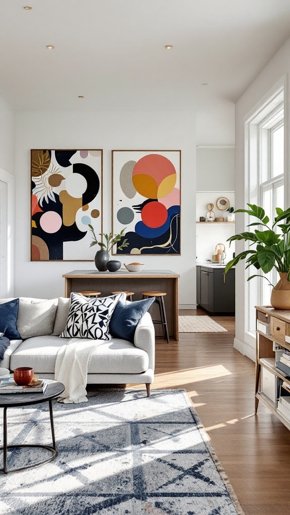 A cozy open space living room with kitchen featuring colorful abstract art, a comfortable sofa, and stylish decor.