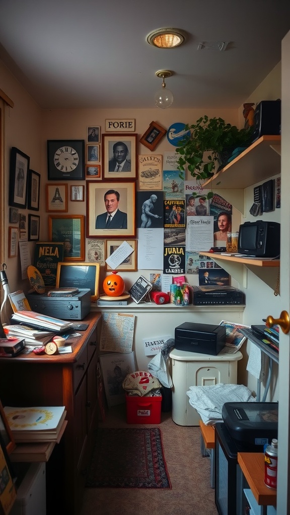 A cozy small room filled with framed photos, memorabilia, a potted plant, and various storage items, showcasing a personal touch.