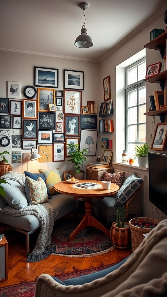 Cozy modern studio apartment with a gallery wall, soft furniture, and plants.