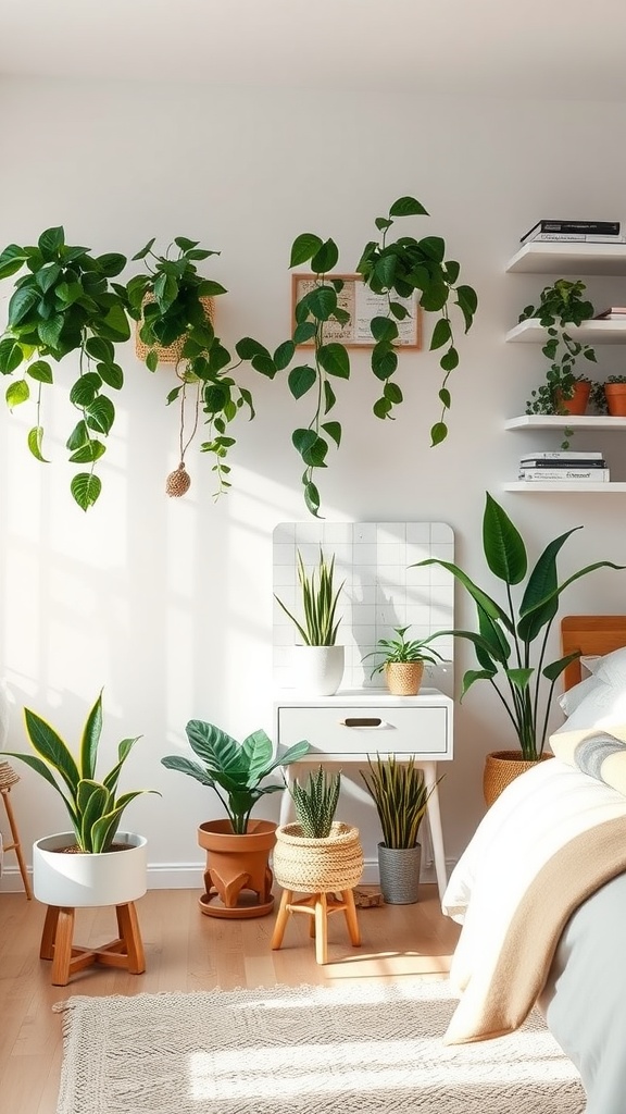 A cozy bedroom featuring various indoor plants, enhancing the decor with a touch of green.