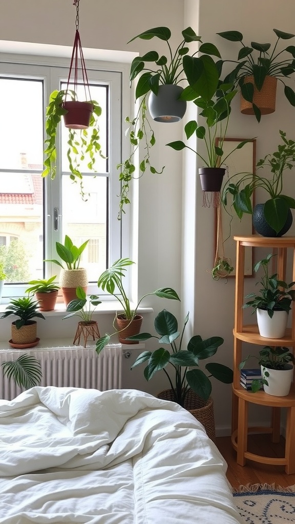 A small bedroom with various indoor plants, including hanging pots and shelf plants, creating a cozy and inviting atmosphere.